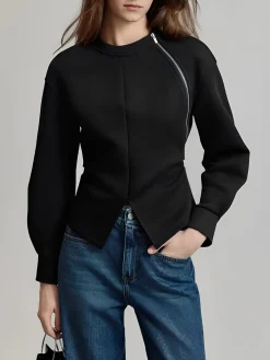 COMMENSE Plain Zipper Split Blouse* Blouses & Shirts|Tops