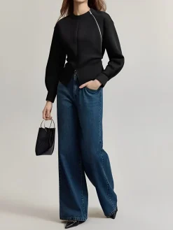 COMMENSE Plain Zipper Split Blouse* Blouses & Shirts|Tops