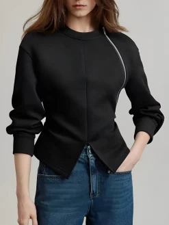 COMMENSE Plain Zipper Split Blouse* Blouses & Shirts|Tops