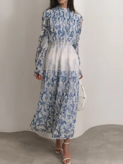 COMMENSE Plant Pattern Printed Pleated Long Dress* Casual Dresses|Work Dresses