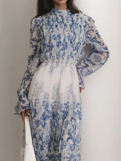 COMMENSE Plant Pattern Printed Pleated Long Dress* Casual Dresses|Work Dresses