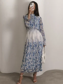 COMMENSE Plant Pattern Printed Pleated Long Dress* Casual Dresses|Work Dresses