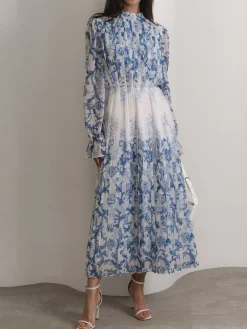 COMMENSE Plant Pattern Printed Pleated Long Dress* Casual Dresses|Work Dresses