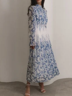 COMMENSE Plant Pattern Printed Pleated Long Dress* Casual Dresses|Work Dresses