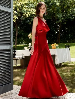 COMMENSE Pleated Backless Satin Tank Long Dress* Cocktail & Party Dresses|Summer Dresses