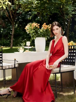 COMMENSE Pleated Backless Satin Tank Long Dress* Cocktail & Party Dresses|Summer Dresses