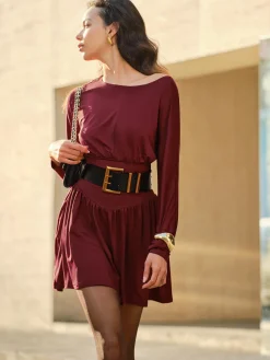 COMMENSE Pleated Cinched Waist Dress Without Belt* Casual Dresses|Cocktail & Party Dresses