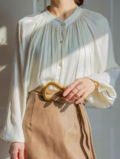 COMMENSE Pleated Collar Pearl Button Shirt* Blouses & Shirts|Tops