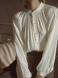 COMMENSE Pleated Collar Pearl Button Shirt* Blouses & Shirts|Tops