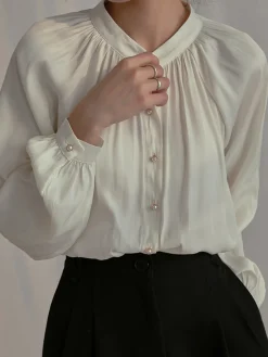 COMMENSE Pleated Collar Pearl Button Shirt* Blouses & Shirts|Tops