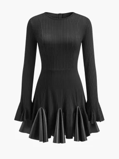 COMMENSE Pleated Faux Leather Panel Dress* Black Dresses|Casual Dresses