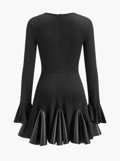 COMMENSE Pleated Faux Leather Panel Dress* Black Dresses|Casual Dresses