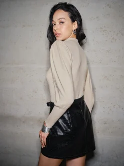 COMMENSE Pleated Lantern Sleeve Slim Sweater* Sweater Tops|Sweaters & Cardigans