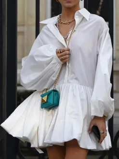 COMMENSE Pleated Long Sleeve Button Up Collar Mini Dress* White Dresses|Casual Dresses