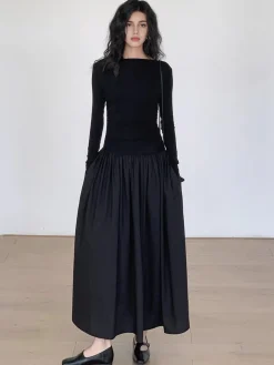 COMMENSE Pleated Patchwork Knit Long Sleeve Midi Dress* Black Dresses|Work Dresses