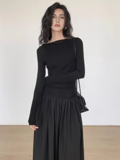 COMMENSE Pleated Patchwork Knit Long Sleeve Midi Dress* Black Dresses|Work Dresses