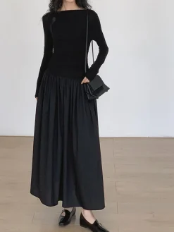 COMMENSE Pleated Patchwork Knit Long Sleeve Midi Dress* Black Dresses|Work Dresses