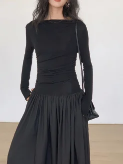 COMMENSE Pleated Patchwork Knit Long Sleeve Midi Dress* Black Dresses|Work Dresses