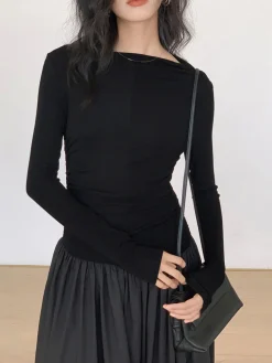 COMMENSE Pleated Patchwork Knit Long Sleeve Midi Dress* Black Dresses|Work Dresses