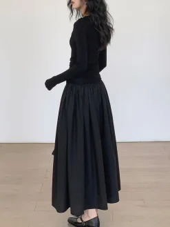 COMMENSE Pleated Patchwork Knit Long Sleeve Midi Dress* Black Dresses|Work Dresses