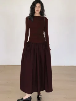 COMMENSE Pleated Patchwork Knit Long Sleeve Midi Dress* Black Dresses|Work Dresses