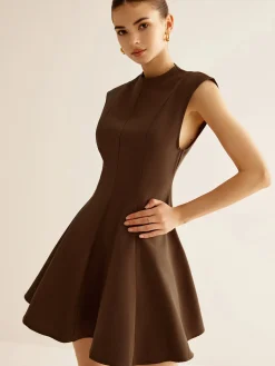 COMMENSE Pleated Piping Zipper Tank Dress* Casual Dresses|Work Dresses