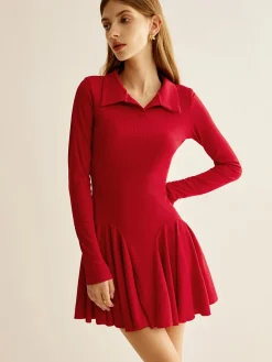 COMMENSE Pleated Ribbed Panel Dress* Casual Dresses|Short Dresses