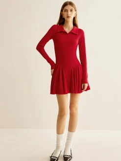 COMMENSE Pleated Ribbed Panel Dress* Casual Dresses|Short Dresses