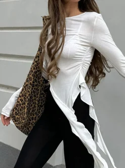 COMMENSE Pleated Ruffle Tassel Jersey Top* T-shirts|Tops