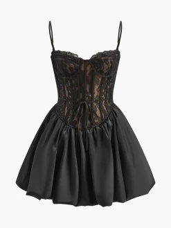 COMMENSE Pleated Satin-Hem Lace Cami Dress* Dresses