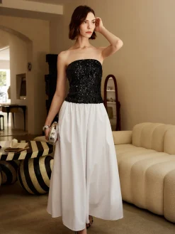 COMMENSE Pleated Sequins Tube Long Dress* White Dresses|Cocktail & Party Dresses