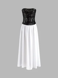 COMMENSE Pleated Sequins Tube Long Dress* White Dresses|Cocktail & Party Dresses