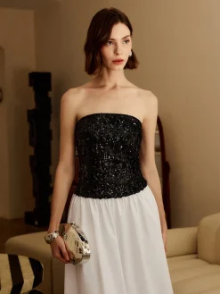 COMMENSE Pleated Sequins Tube Long Dress* White Dresses|Cocktail & Party Dresses