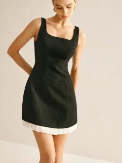 COMMENSE Pleated Trim Tweed Tank Short Dress* Black Dresses|Casual Dresses