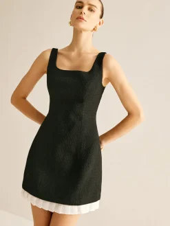 COMMENSE Pleated Trim Tweed Tank Short Dress* Black Dresses|Casual Dresses
