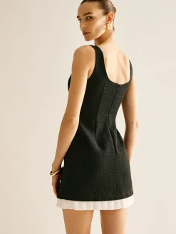 COMMENSE Pleated Trim Tweed Tank Short Dress* Black Dresses|Casual Dresses