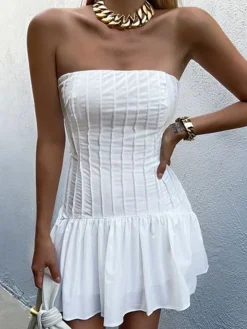 COMMENSE Pleated Tube Short Dress* White Dresses|Casual Dresses