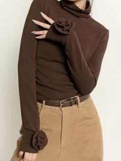 COMMENSE Pleated Turtleneck 3D Flower Slim T-Shirt* T-shirts|Tops