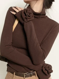 COMMENSE Pleated Turtleneck 3D Flower Slim T-Shirt* T-shirts|Tops