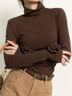 COMMENSE Pleated Turtleneck 3D Flower Slim T-Shirt* T-shirts|Tops