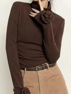 COMMENSE Pleated Turtleneck 3D Flower Slim T-Shirt* T-shirts|Tops