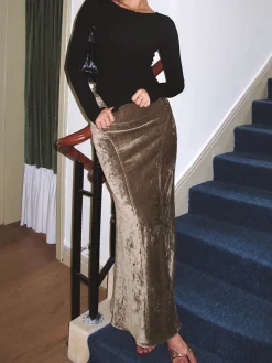 COMMENSE Pleated Velvet Maxi Skirt* Skirts|Matching Sets