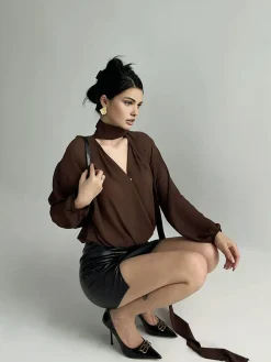 COMMENSE Pleated V-Neck Shirt With Scarf* Blouses & Shirts