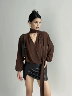 COMMENSE Pleated V-Neck Shirt With Scarf* Blouses & Shirts