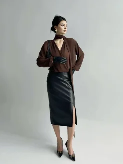 COMMENSE Pleated V-Neck Shirt With Scarf* Blouses & Shirts