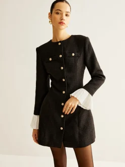 COMMENSE Pleated-Cuff Tweed Breasted Dress* Black Dresses|Casual Dresses