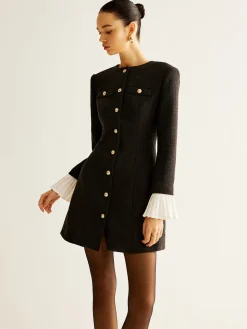 COMMENSE Pleated-Cuff Tweed Breasted Dress* Black Dresses|Casual Dresses