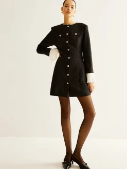 COMMENSE Pleated-Cuff Tweed Breasted Dress* Black Dresses|Casual Dresses