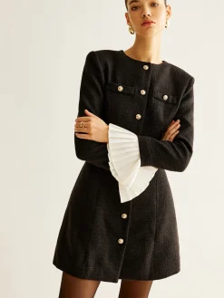 COMMENSE Pleated-Cuff Tweed Breasted Dress* Black Dresses|Casual Dresses