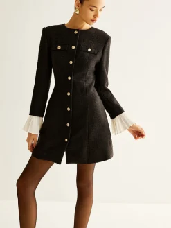 COMMENSE Pleated-Cuff Tweed Breasted Dress* Black Dresses|Casual Dresses